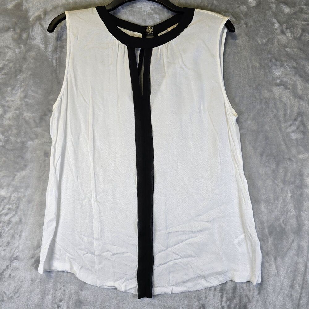 H&M Womens Sleeveless Blouse Size 12 White Black Mesh Trim Geometric Pattern